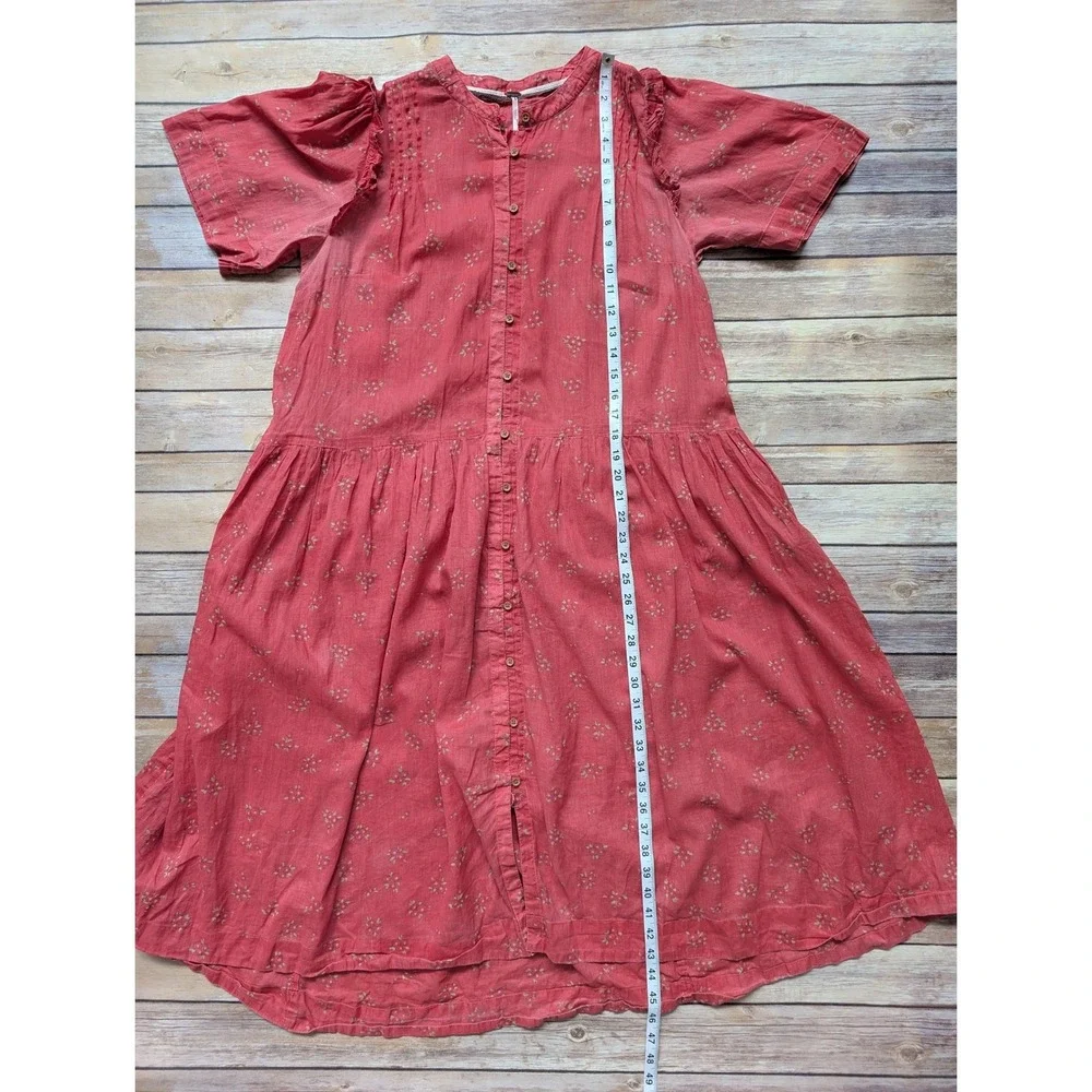 Free People Midi Dress Women Large Cotton Red Floral Ruffle Button Front Boho
